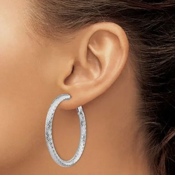 Exquisite 14k White Gold Diamond-Cut Hoop Earrings with Omega Back